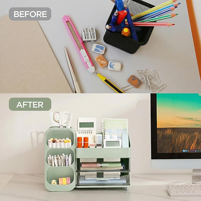 HBlife Desk Organizer with Pen Pencil Holder for Desk, Pen Organizer with 2 Drawers, Desk Organizers and Accessories with 4 Compartments, Desktop Storage for Office Home School Art Supplies, Green