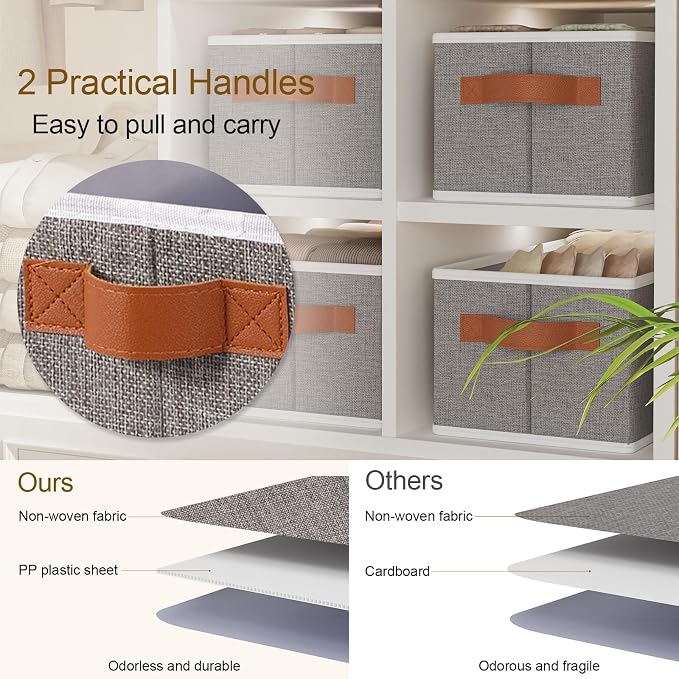 Foldable Long Storage Boxes,15x6x5 In,Gray Fabric Bins,3-Pack | Storage Basket with Double Handles,Damp-Proof PP Panel Organizer Bins,Decorative Linen Bathroom Containers