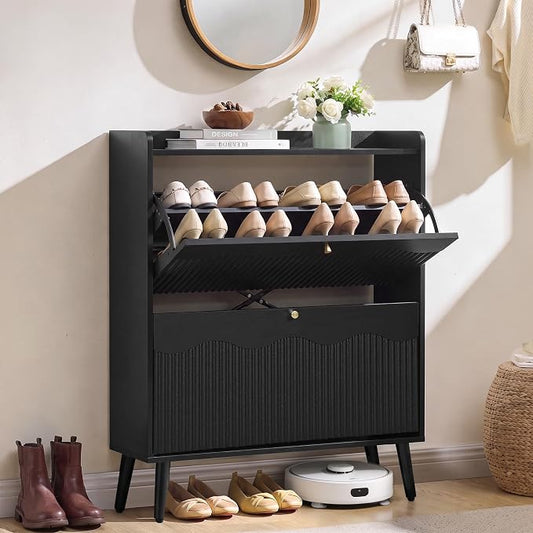 BERRYMERRY 31.5” Black Fluted Shoe Cabinet Storage with 2 Flip Drawers | narrow,entryway,adjustable feet,32 pairs shoe,shoe organize,hidden shoe rack,fluted panel,wave pattern,wood,space saving