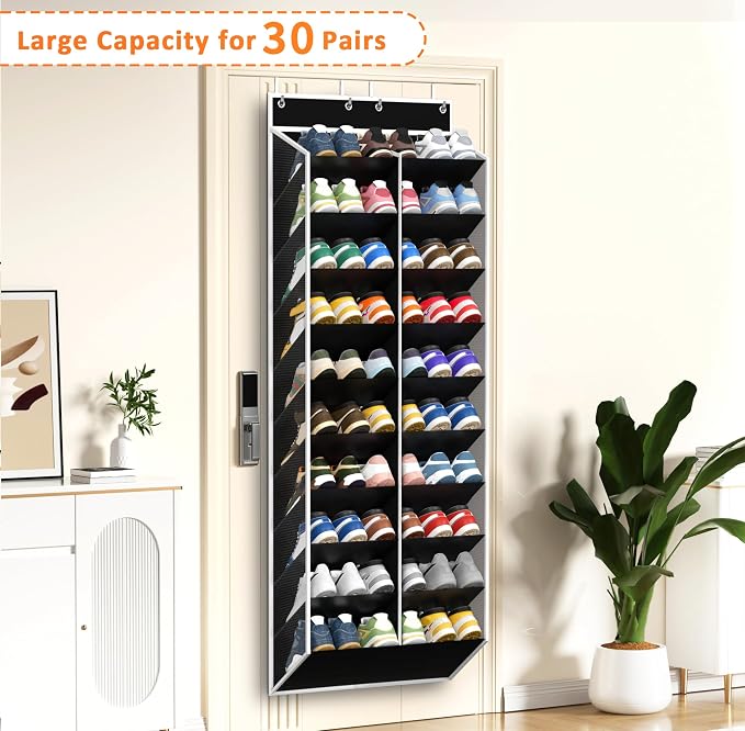 KEEPJOY 20-30 Pairs Over the Door Shoe Organizer, Mesh Hanging Shoe Rack for Door Storage with 20 Wide Deep Pockets,10-Tier Black Door Shoe Holder Fits Sneakers, Boots.