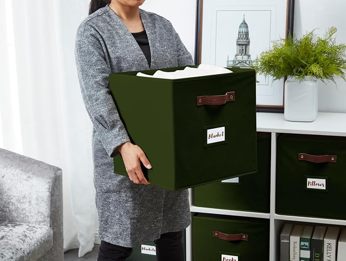 DECOMOMO Storage Bins, Storage Baskets for Shelves | 13" x 15" x 13" Storage Cube Bins with Labels for Organizing Shelves (Kallax, 4pcs, Olive Green)