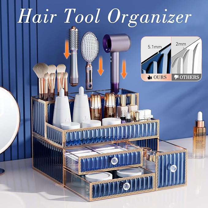 Youdepot Blue Tempered Glass Makeup Organizer | Vanity Organizer for Cosmetics, Skincare, Hair Tools, Brushes, Perfume, Multipurpose Bathroom Counter Skincare Organizer