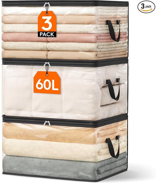 Lifewit 3 Pack Clear Clothes Storage Bags, 60L Plastic Blanket Vinyl Foldable Moving Bags with Zipper, Closet Organizers and Storage Containers for Bedding, Duvet, Pillow