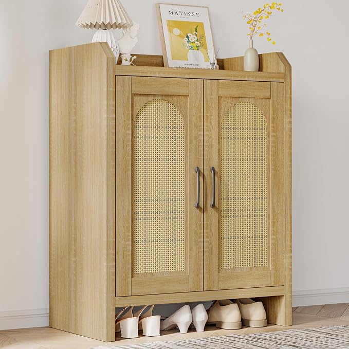 Shoe Cabinet Storage for Entryway, Natural Rattan Shoe Storage Cabinet, Wooden Shoe Rack Cabinet, Farmhouse Boho Wood Shoe Organizer Cabinet for Hallway