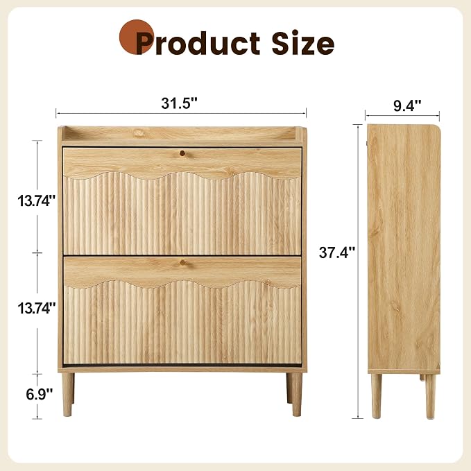 BERRYMERRY Oak 31.5" Fluted Shoe Storage Cabinet with 2 Flip Drawer | narrow,entryway,adjustable feet,32 pairs shoe,shoe organize,hidden shoe rack,fluted panel,wave pattern,wood,space saving