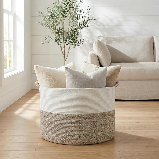 XXXL Large Blanket Basket for Living Room, 21.7" x 13.8" Woven Cotton Rope Laundry Hamper for Pillows, Towels & Toy Storage - Decorative Round Storage Basket with Handles for Nursery, Baby & Dog Toys