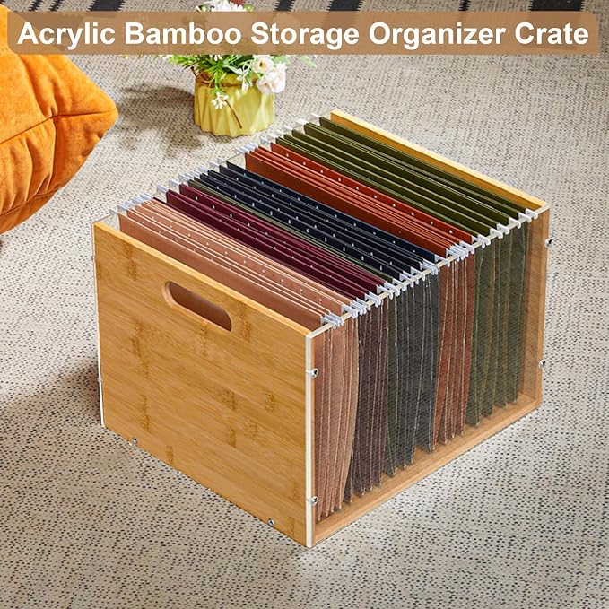 Sbanmao Clear Acrylic File Box Organizer, Bamboo Hanging Folder Storage Boxes, Filing Crate Bin Holder with Handle for Home Office Desk, Letter Size