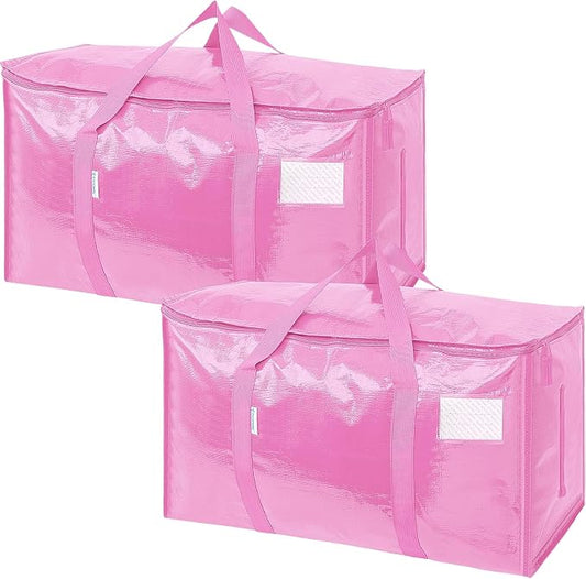 TICONN 2 Pack Extra Large Moving Bags Heavy Duty with Zippers & Carrying Handles, Durable Storage Bags Moving Boxes for Closet Organizers and Storage (2 Pack, Pink)