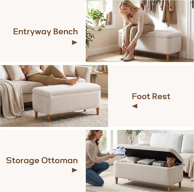 39.4”Ottoman with Storage Set of 2,Upholstered Comfy Storage Bench Ottoman with Wooden Legs,End of Bed Bench Footstool for Hallway Entryway Bedroom Living Room Corner Beige