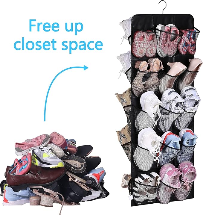 MISSLO 30 Large Pockets Dual Sided Hanging Shoe Rack for Closet Organizer with Rotating Hanger Hanging Shoe Shelves, Black