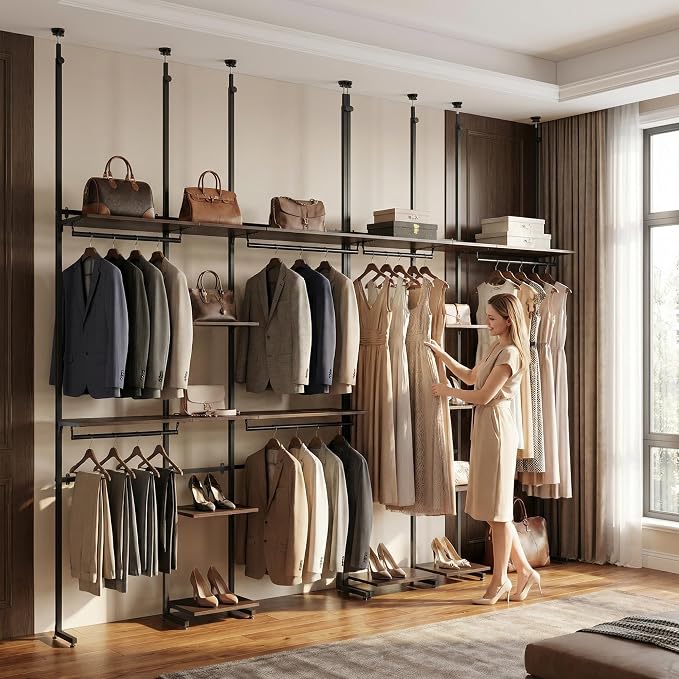 MZG Closet Organizer System, Freestanding Closet System with Wood Shelves & Hanging Rod, Adjustable Floor-to-Ceiling Open Wardrobe for Bedroom, Apartment & Small Closet (16.8"D x 48.4"W x 137.7"H)