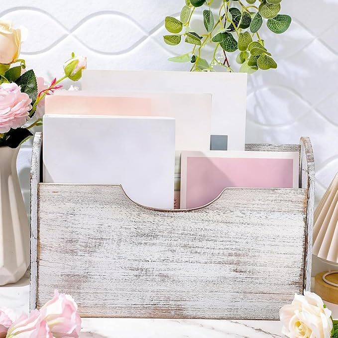 Suzile Wall Mounted File Holder Wood Magazine Holder Wall Hanging File Organizer for Office Mail Magazine Letter Paper Folder Organization (White)