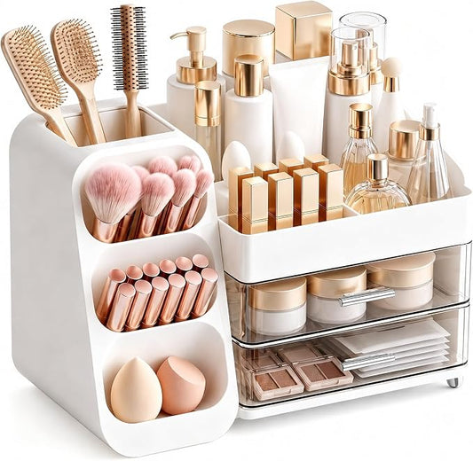 Makeup Organizer for Vanity - Large Skincare Organizers Countertop, Cosmetic Organizer with Brush Holder and 2 Drawer, Makeup Storage for Lipsticks, Nail Polishes, Eyeshadow Palettes, White