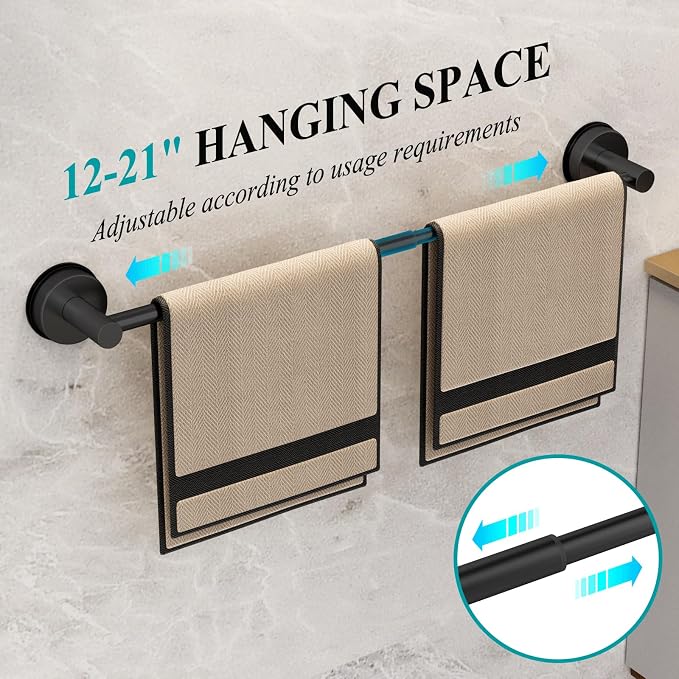 Towel Bar for Bathroom Wall,Adjustable 12~21 Inch Towel Racks for Bathroom Wall Mounted, Towel Holder for Glass Shower Door,Bathroom Accessories,Apparment Essentials,Home Decor-Black