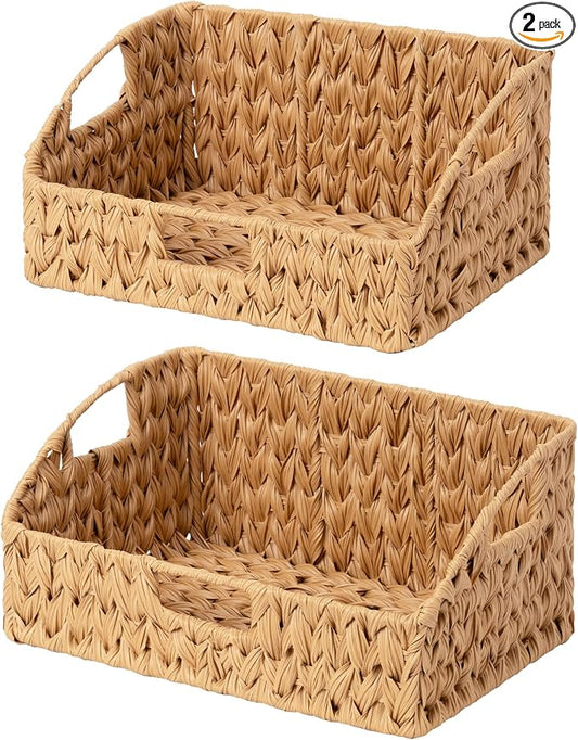 Granny Says Wicker Storage Basket, Trapezoid Woven Baskets For Storage | Wicker Storage Baskets For Pantry, Open Front Basket For Shelves, Kitchen Storage Baskets, Decorative Basket For Home Decor
