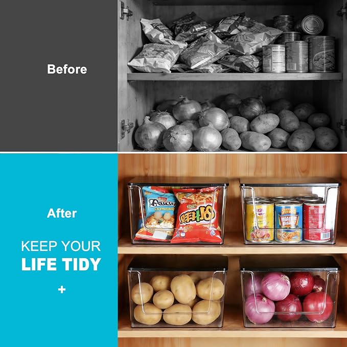 Heyuzb Pantry Organizers Storage, 2 Pack Large Clear Storage Bins with Bamboo Lids for Onion, Potato, Garlic, Canned Food, Organizer Bins for Under Sink, Kitchen, Countertop, Bathroom