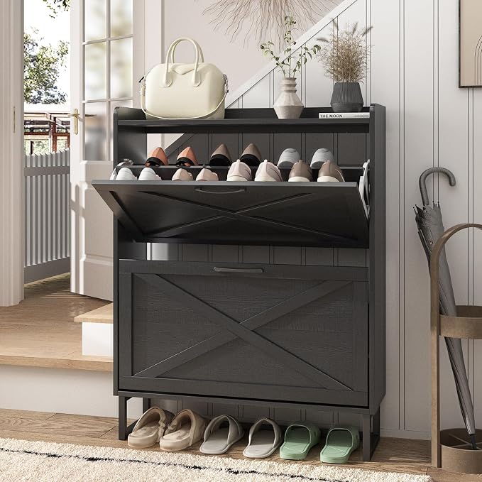 Maupvit Shoe Storage Cabinet with 2 Flip Drawers, Freestanding Organizer with Metal Legs for Entryway, Narrow Shoe Rack Cabinet, Black
