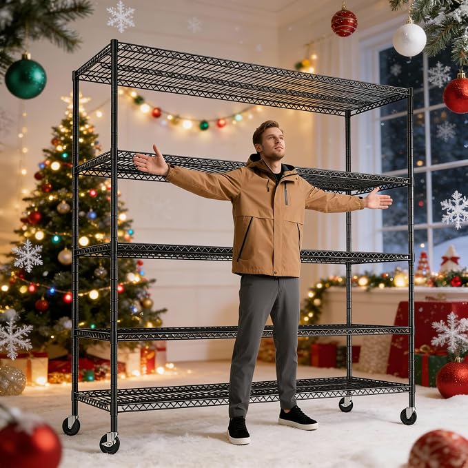 REIBII 85.7"H 5-Tier Garage Shelving with Wheels&Feet, Adjustable, 2998 lbs | 55.5"W x 24.2"D, Rustproof, Lockable wheels, Height-adjustable, Tool-free, For pantry/garage/basement/warehouse/commercial
