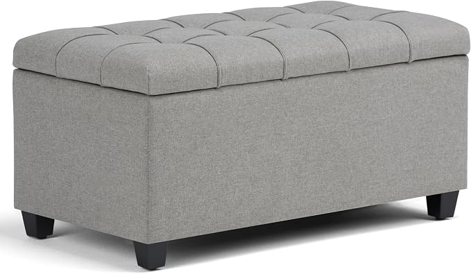 SIMPLIHOME Shiloh 48" Wide Vegan Leather Ottoman in Chestnut Brown | Transitional ottoman with tufting and lift-up lid; rectangle storage bench for living room or entryway.