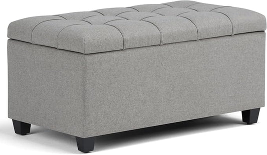 SIMPLIHOME Shiloh 48" Wide Vegan Leather Ottoman in Chestnut Brown | Transitional ottoman with tufting and lift-up lid; rectangle storage bench for living room or entryway.