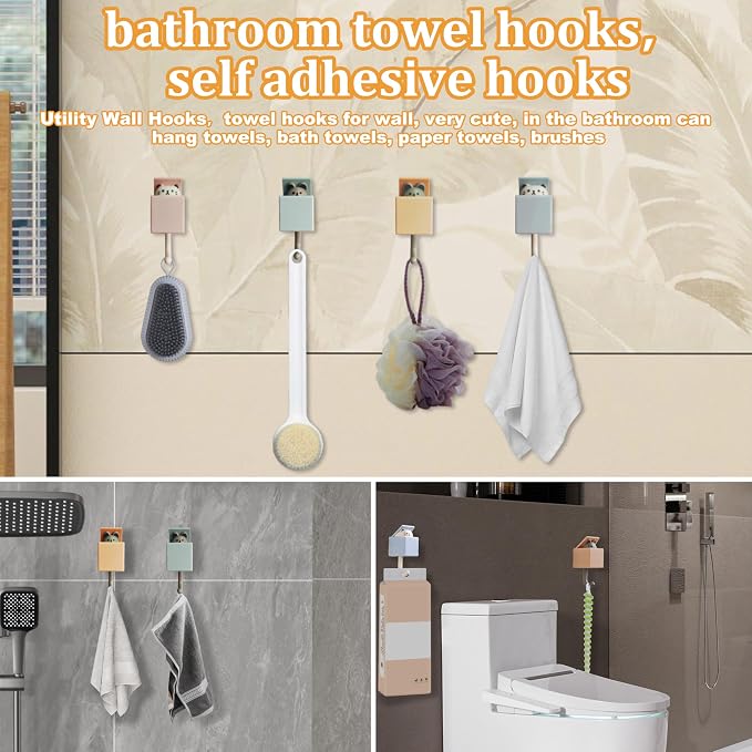 4Pcs Cute Self Adhesive Wall Hooks for Coat,Towel,Key,Scarf, Hat | Heavy Duty Wall Hooks for Hanging,Waterproof,Kawaii Room Decorative Cat Hook for Bathroom,Bedroom,Tiles, Glass Door or Mirror