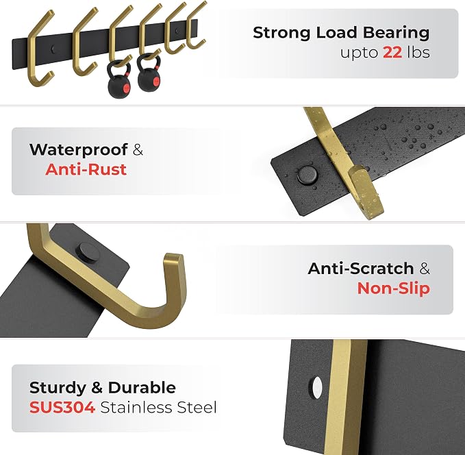 Coat Rack Wall Mount – Black and Gold Hook Rail with 6 Double Coat Hooks, 17 Inch Stainless Steel Wall Hooks for Entryway, Bathroom, Bedroom, Closet, Towel, Hat, Bag, Heavy Duty Organizer