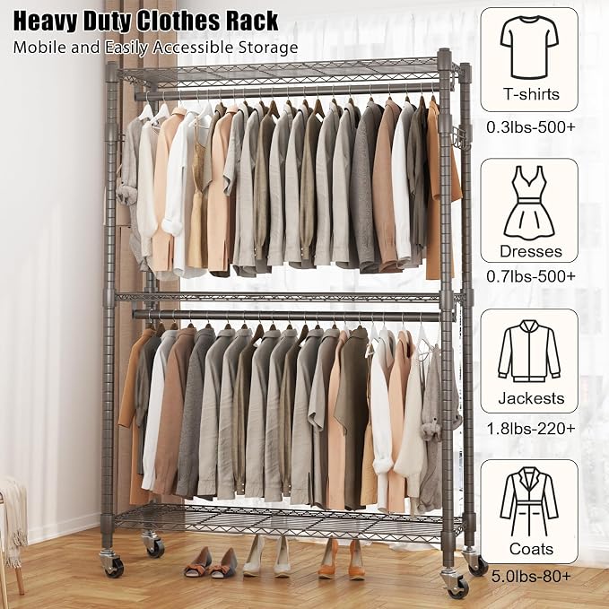 BATHWA Clothes Racks for Hanging Clothes, 25 mm tube Heavy Duty 47.3"W x 17.7"D x 80.7"H Large Wardrobe Rack with Shelves & Wheels Rolling Multifuctional for Bedroom Laundry Walk-in Closet Organizer