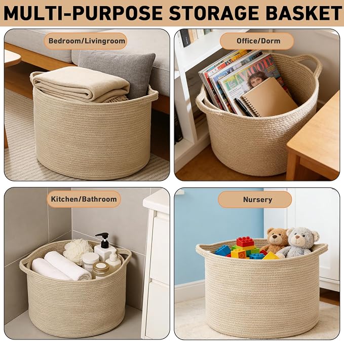 65L Large Blanket Basket,Woven Rope Laundry Basket-Camel | Collapsible, reinforced handles, nursery storage bin organizes clothes, toys and pillows for living room, bedroom bathroom