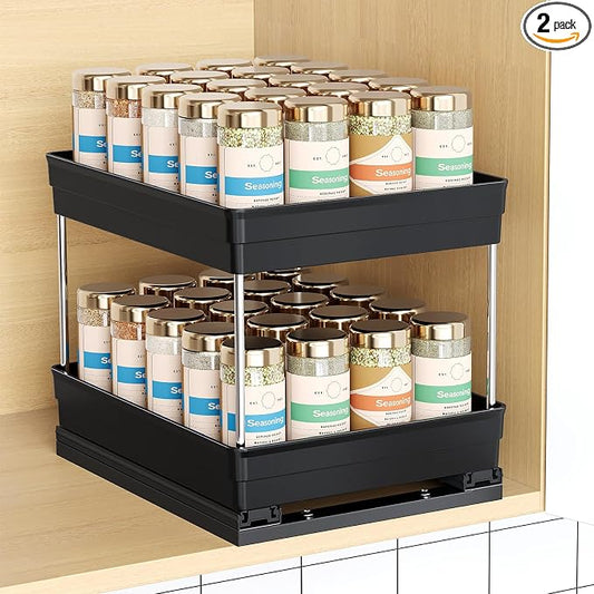 Mystozer Pull Out Spice Rack Organizer for Cabinet, Slide Out Spice Racks Organizer, Easy to Install Spice Cabinet Organizers, 8.26''Wx10.6''Dx8.7''H, 1 Pack-2 Tier(Black)