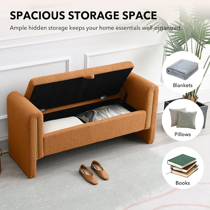 52" Flip-Top Storage Ottoman Bench, Teddy Entryway Bench (Coffee) | Teddy Fleece Upholstered End of Bed Bench with Armrests, Soft Padded Window Bench for Living Room Bedroom Entryway