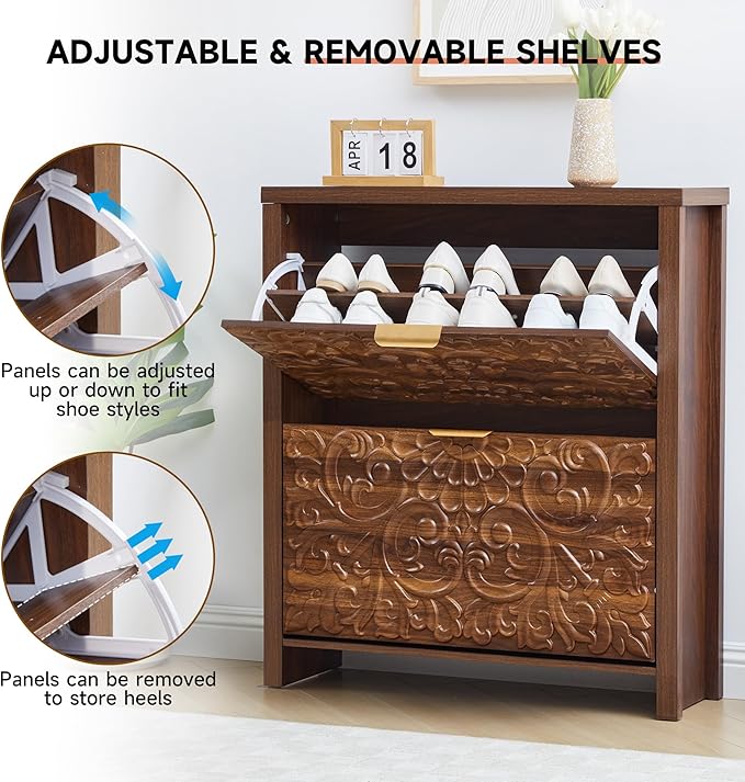 weselon Flip Drawer Shoe Cabinet Set of 2, Narrow Shoe Storage Cabinet, 2-Tier Hidden Shoe Organizer with Carved Floral for Entryway, Slim Shoes Storage for Hallway Foyer (2, Walnut)