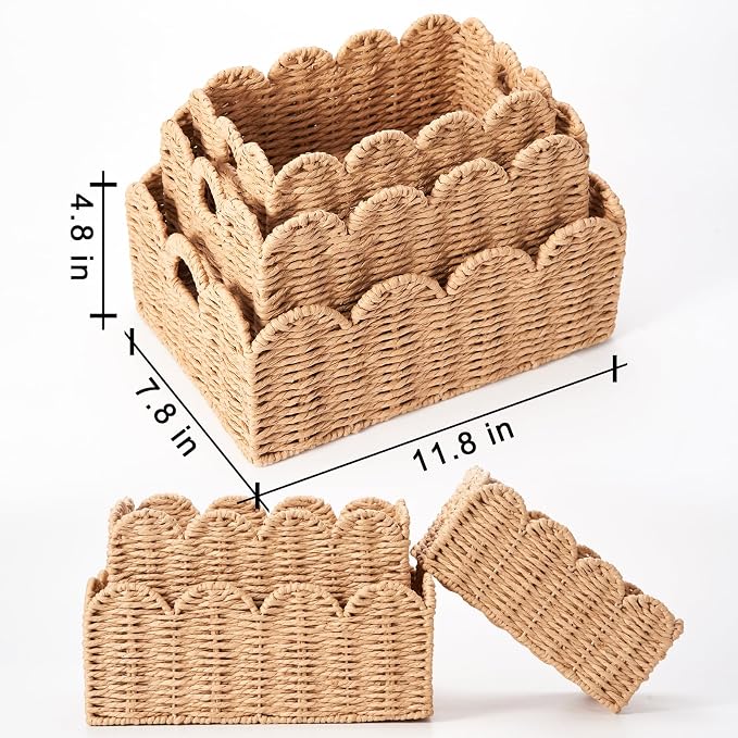 Scalloped Wicker Baskets Set of 3, Hand-Woven Storage with Handles | set of 3 tan scalloped baskets with handles. Hand-woven paper rope for shelves, bathroom or closet. Stackable, sturdy.