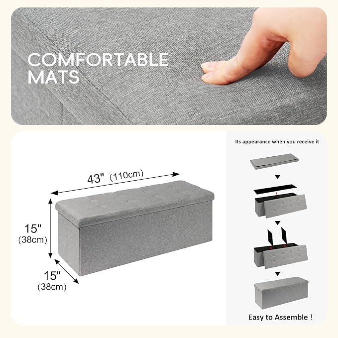 PINPLUS Folding Storage Ottoman Bench, Grey Linen Long Ottoman Chest Foot Rest Stool with Padded Seat, Chest with Cover, Bedroom Bench with Storage, 43.3inches
