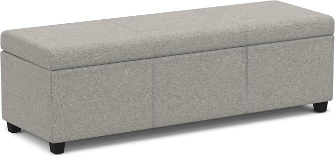 SIMPLIHOME Avalon 54" Wide Vegan Leather Storage Ottoman in Midnight Black | Contemporary lift-top ottoman with high-density foam; rectangle storage bench or coffee table for living room or entryway.