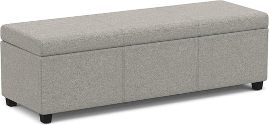 SIMPLIHOME Avalon 54" Wide Vegan Leather Storage Ottoman in Midnight Black | Contemporary lift-top ottoman with high-density foam; rectangle storage bench or coffee table for living room or entryway.