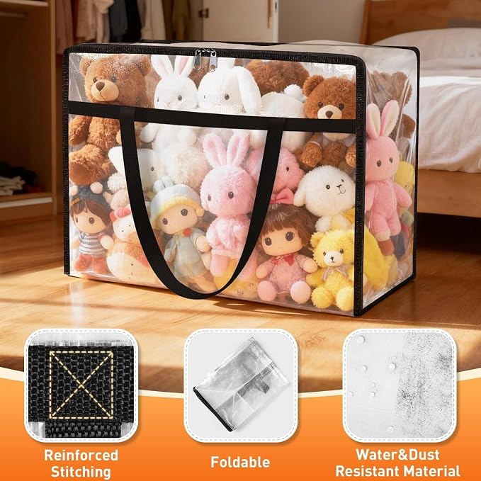 4 Packs 60L Clear Under Bed Storage Containers, Large Clothes Storage Bags | Heavy Duty Large Capacity Foldable Moving Bags with Sturdy Handles, Clothing Organizer Totes for Bedding Comforter Sheet