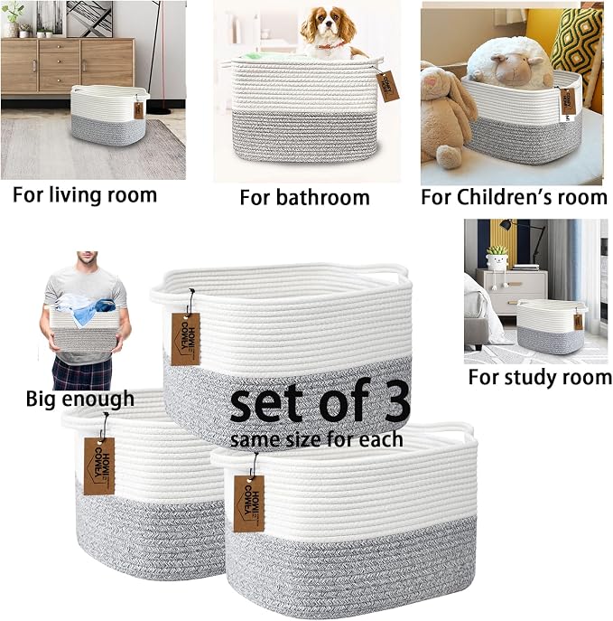 COMFY-HOMI 3Pack Small Woven Cotton Rope Basket for Organizing, Gift Baskets for Handles, Empty Gift Baskets, Medium Rope Basket|13.5" x 11" x 9.5" home decor for Living Room, Bathroom