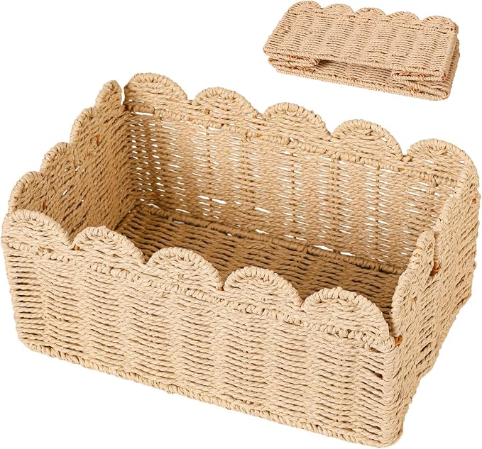 Foldable Scalloped Wicker Basket, Portable Storage Basket for Shelves, Decorative Boho Home Organizer for Bathroom and Living Room