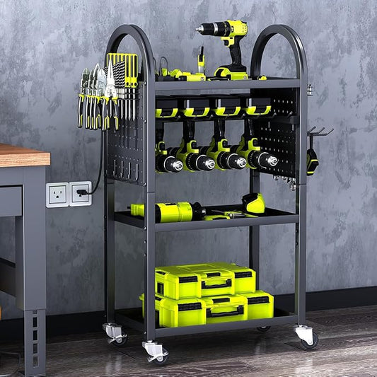 Power Tool Organizer - 4 Tier Rolling Tool Cart with 8-12 Drill Holder,Tool Storage Cart on Wheels - Heavy Duty Metal Utility Tool Shelf for Garage, Workshop, Warehouse & Repair Shop