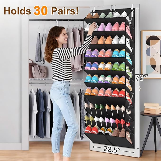 UVIAHOMI 20-30 Pairs Over the Door Shoe Organizer, Clear Pockets Hanging Shoe Storage for Closet, 10-Tier Door Shoes Rack, Handing Shoes Holder Fit All the Family's Sneakers, Boots, Heels, Black
