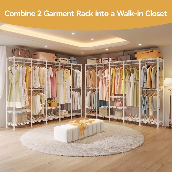 Higeego H5 Clothing Rack for Hanging Clothes, Heavy Duty Closet Rack, White | Large Garment Rack, 93.3"Wx15.7"Dx75.4"H, Freestanding Wardrobe Closet, with Adjustable Shelf, Load 1400 lbs