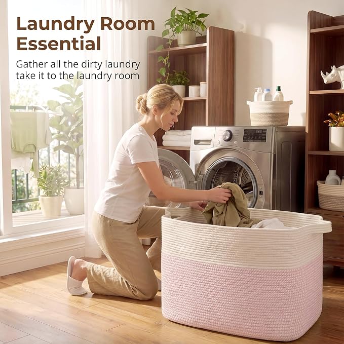 OIASKET 108L Cotton Rope Storage Basket for Living Room and Bedroom 25"x16"x16" Woven Laundry Basket, Heavy Duty Bin for Blankets, Pillows & Toys, Pet-Safe & Scratch-Free, Pink and White