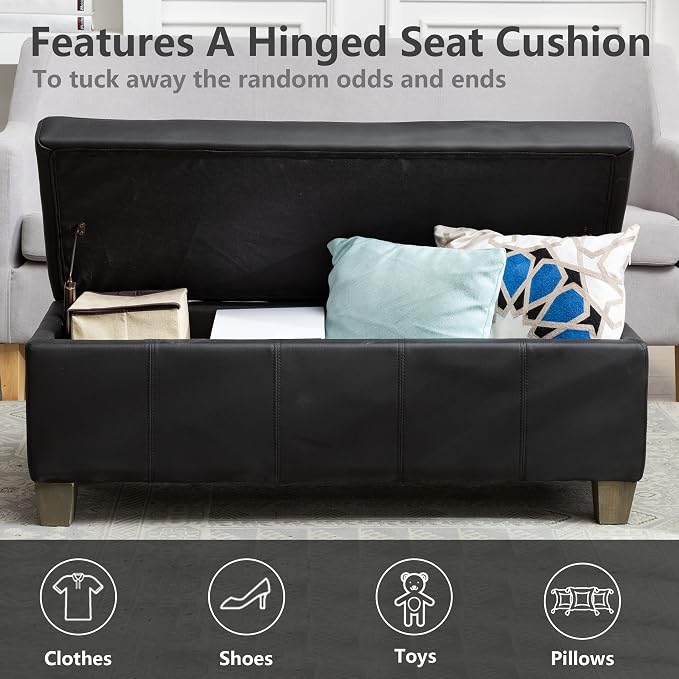 41" Storage Ottoman, Storage Bench with Safety Hinge, Upholstered Synthetic Leather Ottoman Bench for Bedroom, Living Room, Entryway, Hallway, Foot Rest, Support 500lbs, Black