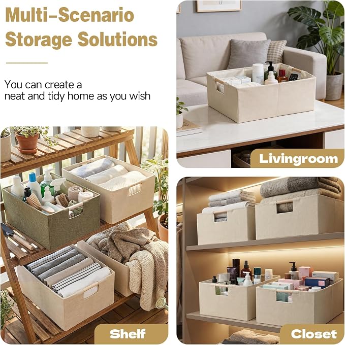 Foldable Fabric Storage Baskets Set of 2 for Shelves, Linen Decorative Storage Bins with Wooden Handles, Small Organizer Cubes for Closet, Rectangle Canvas Boxes for Organizing, Decor (Beige 2 Pack)