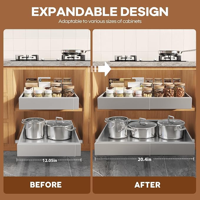 Seinloes 2Pack Expandable Pull Out Cabinet Organizer 21"Deep With Raising Pad for Framed Cabinets, Upgrade 3 Slide Rails Slide Out Drawers,Roll Out Shelves Adhesive,Adjustable Width 12.05"-20.4"Silver