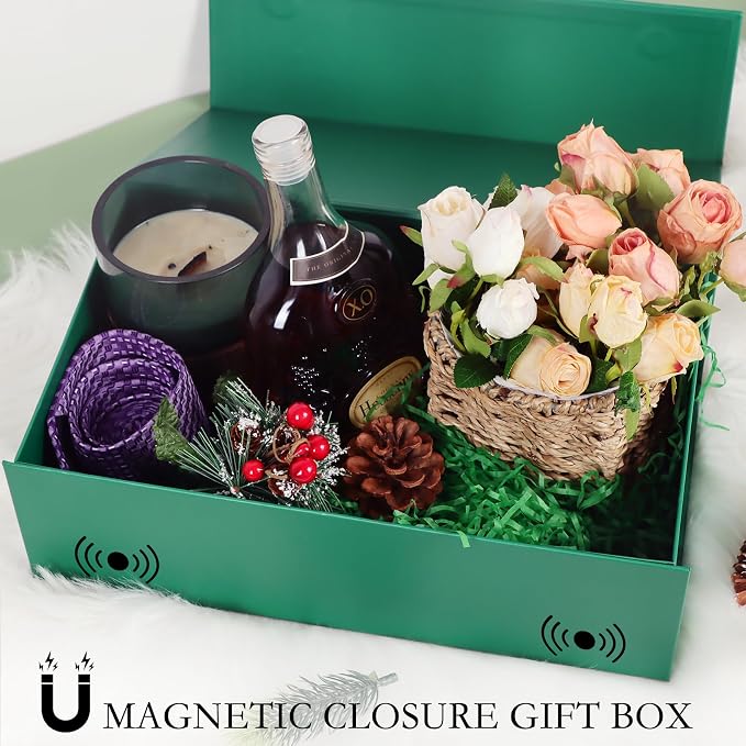 LFBOX Green Christmas Gift Box with Magnetic Lids 5 Pack | Large Bridesmaid Groomsman Proposal Boxes,13.8x8.3x4.4 in, Collapsible Rectangle Storage Box