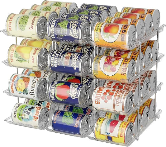 LXLXXL Can Organizer for Pantry Canned Food Storage Goods Holders 4 Tier | Automatic Rolling, Clear Acrylic Can Storage Rack, Sturdy and Stackable, for Fridge Cabinet Pantry Kitchen Desktop Storage