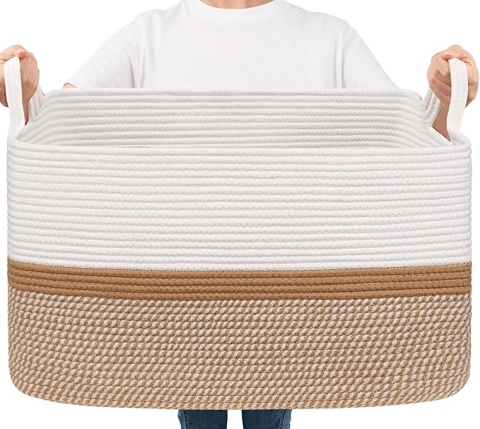 Goodpick Large Woven Blanket Basket, Cotton Rope, White & Camel Mix | 21.6 x 14.9 x 11.8 in, Rectangle, Living Room, Bedroom & Nursery Organization, Home Decor, Blankets & Toys Storage