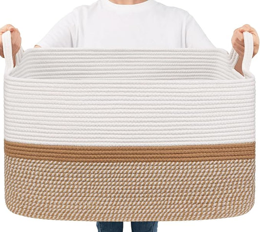 Goodpick Large Woven Blanket Basket, Cotton Rope, White & Camel Mix | 21.6 x 14.9 x 11.8 in, Rectangle, Living Room, Bedroom & Nursery Organization, Home Decor, Blankets & Toys Storage
