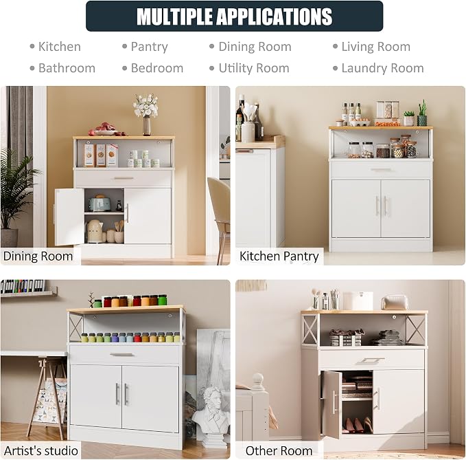 Farmhouse Buffet Sideboard with 2 Doors and 1 Drawer, Open Storage & Adjustable Shelf, Coffee Bar Cabinet for Kitchen/Laundry/Living Room, White